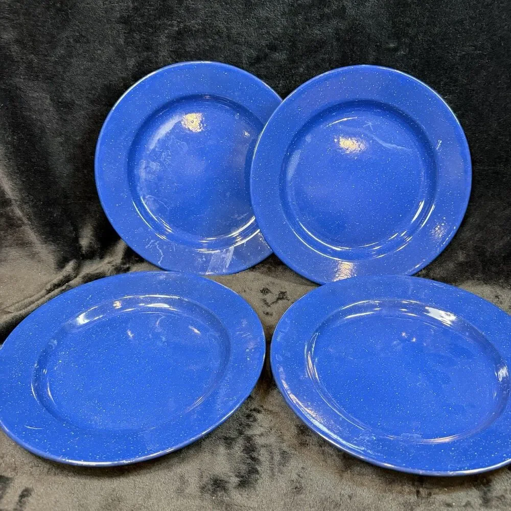 Coleman Set of 4 Blue Speckled  Enamelware Plate 10” Camping Hiking Outdoor USA